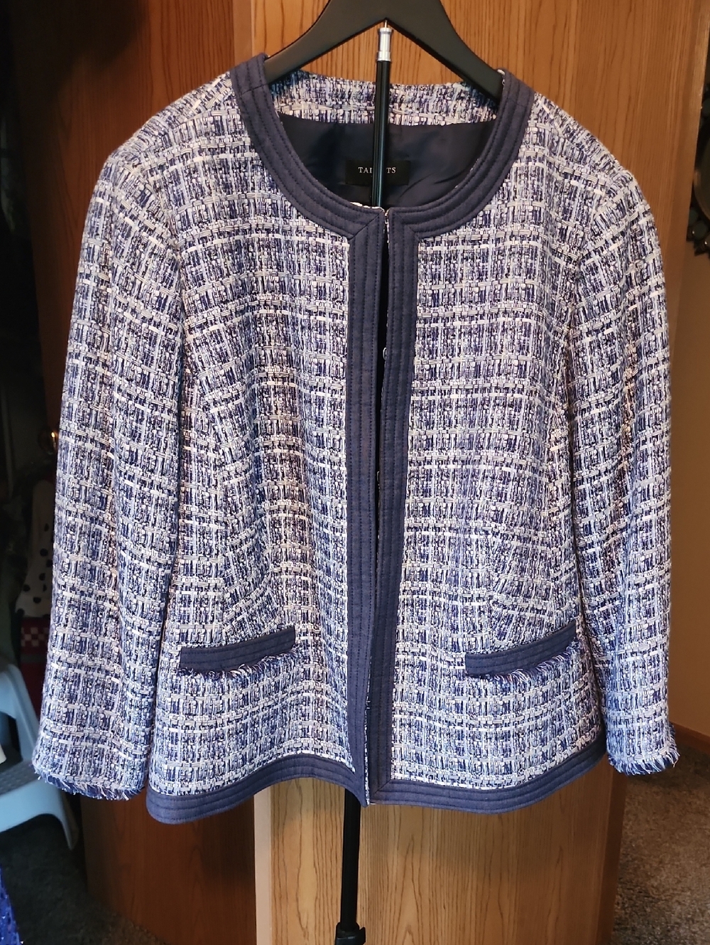 Talbots Navy and White Tweed Collarless Jacket